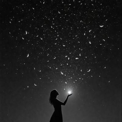 The primary subject of the image is a woman standing in a dark, star-filled sky. She is reaching up with her hand, as if she is trying to touch the stars. The setting is a nighttime sky, with the woman being the main focus of the scene. The visual style of the image is a black and white illustration, giving it a classic and timeless feel. The colors and mood of the image are predominantly dark, with the star-filled sky providing a sense of wonder and awe.